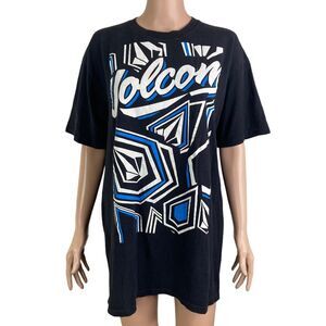 Volcom T-shirt Mens Large Blue Black Spell Out Short Sleeve Stretch all over